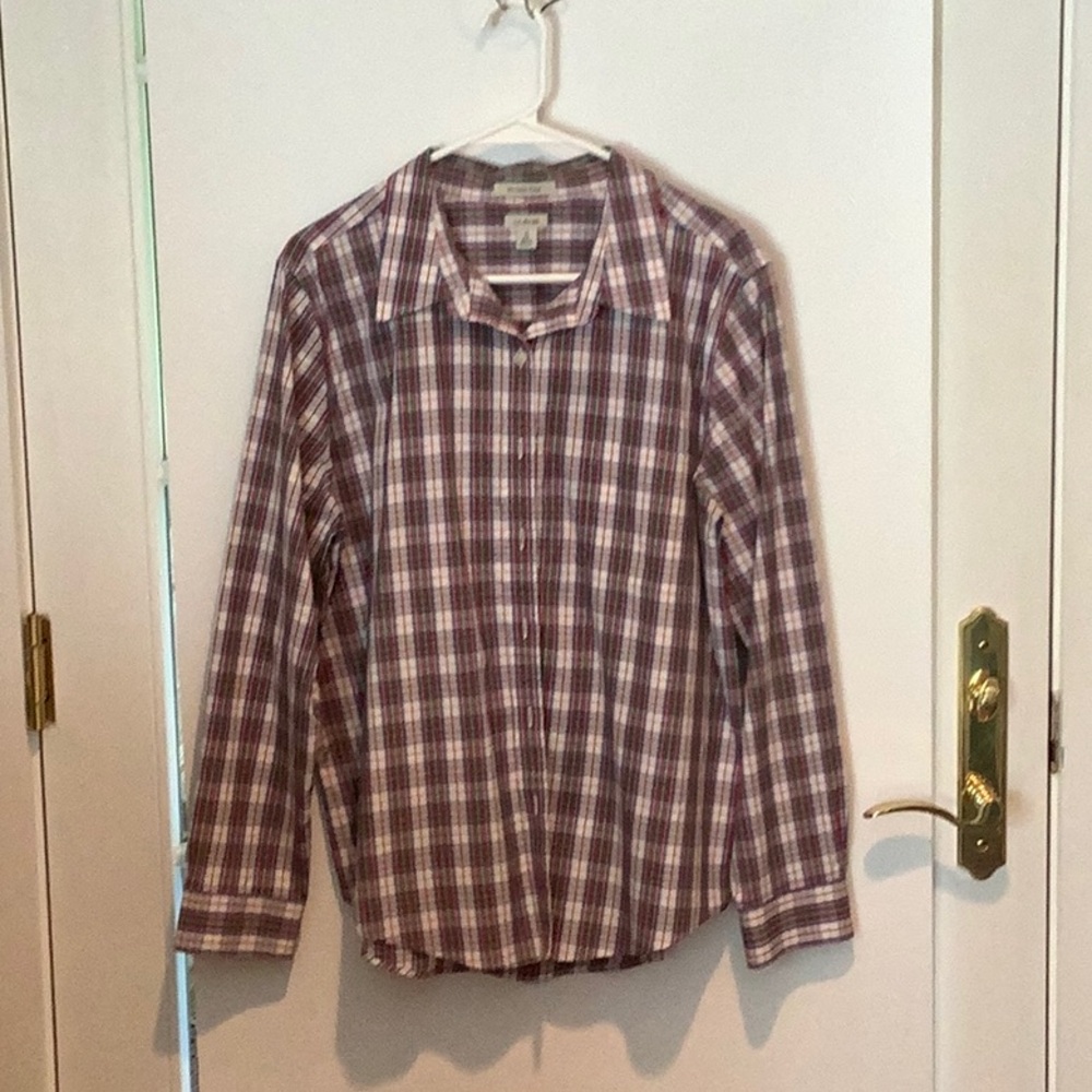 Green, blue, red and white plaid long sleeved top just shirt.
